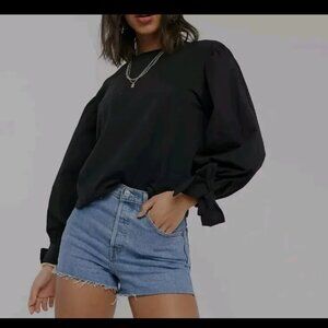 River Island long sleeve button back poplin tie sleeve top in black UK10 US6